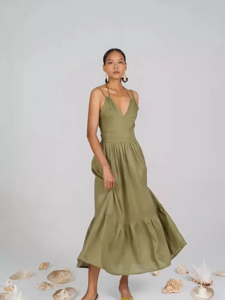 ما الذي يجعل Lady Deep Deep-Tech Long Long Casual Linen Dress خاص؟