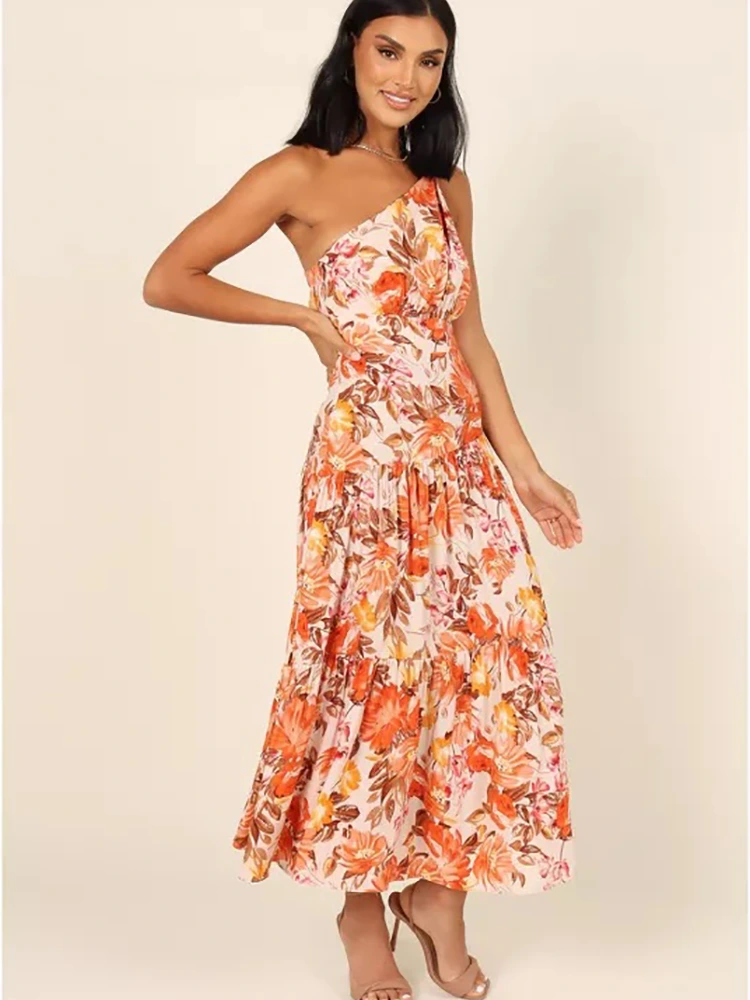 Floral Print One-Shoulder Long Dress