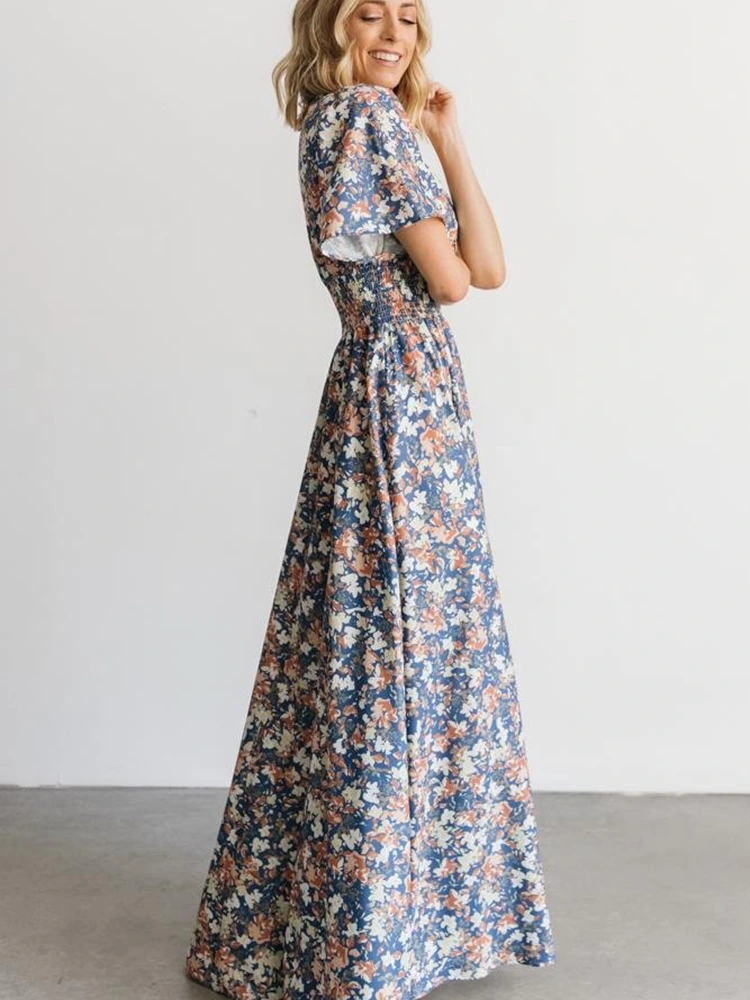 Printed Floral Chiffon V-Neck Short-Sleeved Maxi Dress