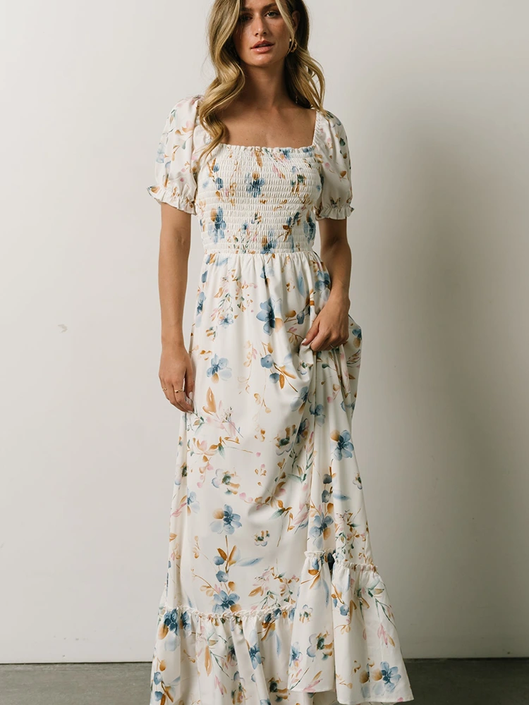 Square Neck Pleated Print Long Dress