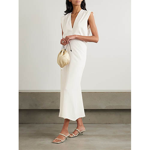 فستان عاجي بدون أكمام عميق على شكل حرف V متوسط ​​الطول